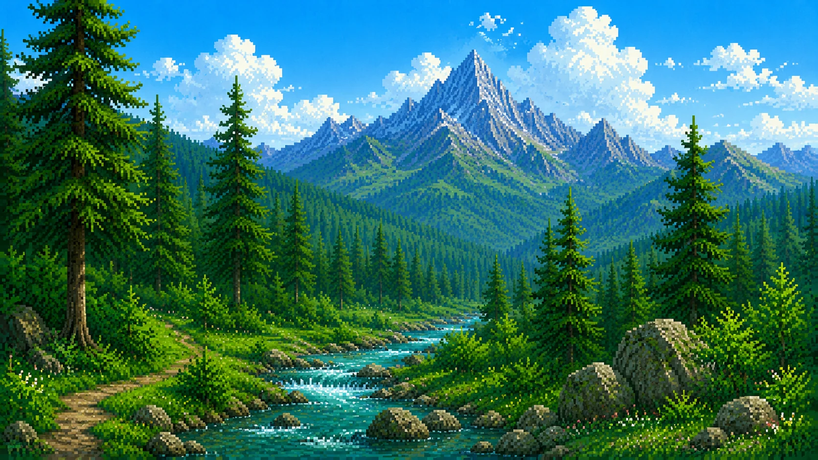 Pixel-art alpine landscape: a river running through pine forest toward high mountains